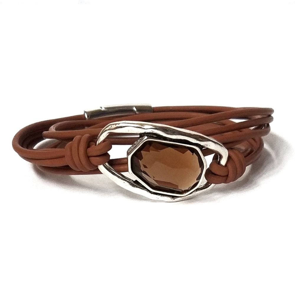 Leather Wrap Brown Glass Bead Bracelet - Picture 1 of 8